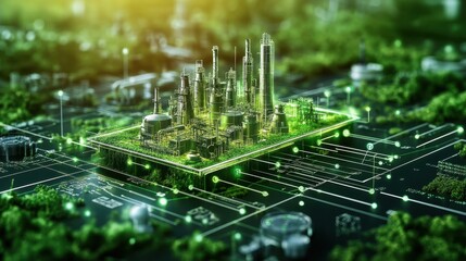 Green factory model sits on a circuit board with glowing green lines. It can be used for eco-friendly industry and technology concepts.
