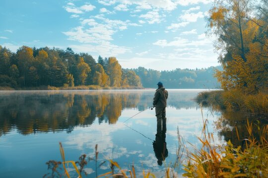Person fishing at a calm lake surrounded by autumn foliage in the morning light