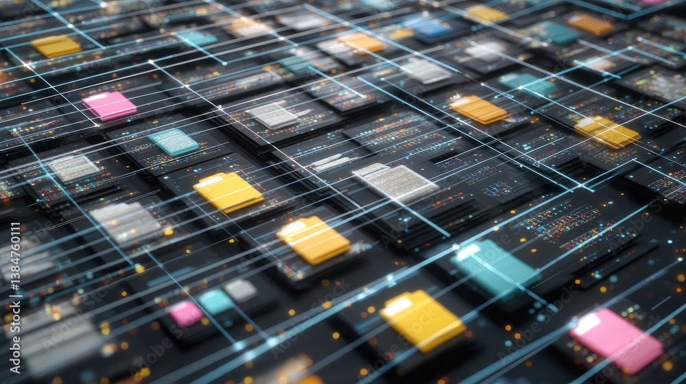 Poster abstract network grid with files and folders, futuristic software interface, digital document manage