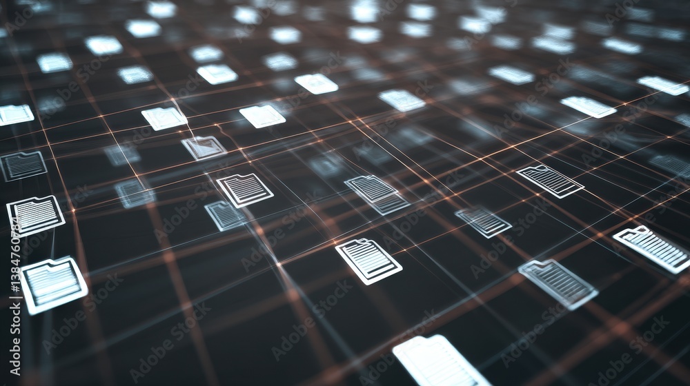 Poster abstract network grid with files and folders, futuristic software interface, digital document manage