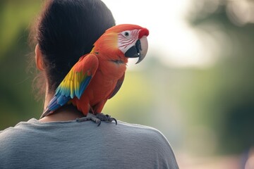 minimalistic portrait of person with parrot perched on their shoulder blurred background creates clean image