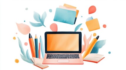 Online courses Pastel Watercolor Laptop Workspace With Notebooks And Pens