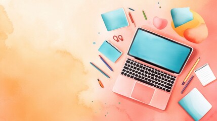 Online courses Pink Laptop with Pastel Stationery and Watercolor Background