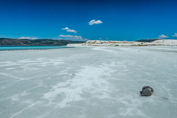 Salda Lake, Burdur, Turkey. View of Salda Lake under the blue sky with white sand and clear water. Turquoise lansdscape