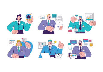 Business professionals presenting data analysis and growth strategies vector illustration