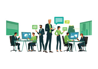 Business team collaborating and communicating in the office with digital tools vector illustration