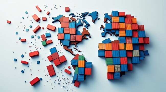 Creative world map made of colorful shipping containers. Abstract globe made of shipping containers, breaking apart, global conflict in trade Reciprocal Tariffs, Tariff War, Global Conflict
