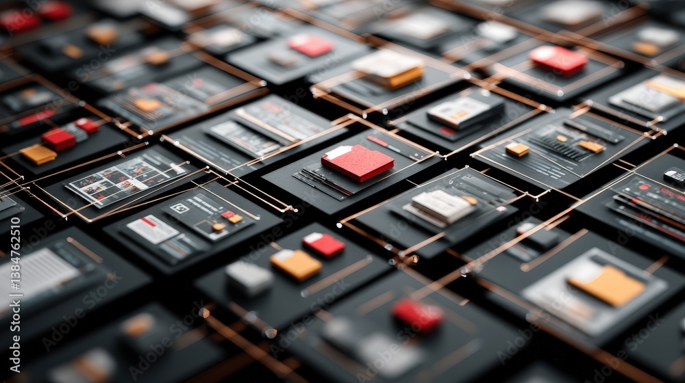 Poster abstract network grid with files and folders, futuristic software interface, digital document manage