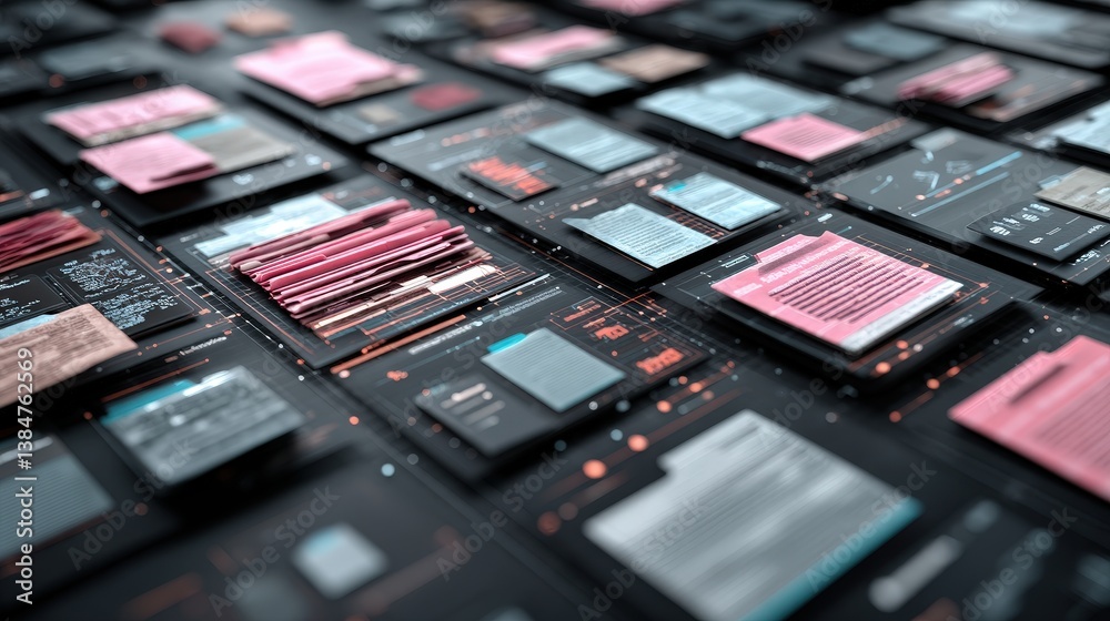 Poster abstract network grid with files and folders, futuristic software interface, digital document manage
