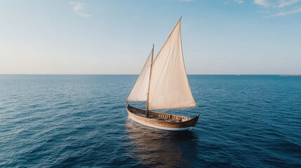 Fototapeta premium Sailing boat gliding across calm waters under clear sky, evoking tranquility and adventure