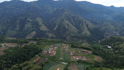 Aerial view of the mountain atmosphere and green trees in the countryside