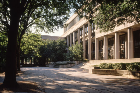 Exterior of regenstein library showing trees and walkway at university of chicago