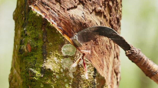 Indonesian farmers are working on the rubber tree plantation. Farmers are tapping rubber tree by making incisions on the tree bark