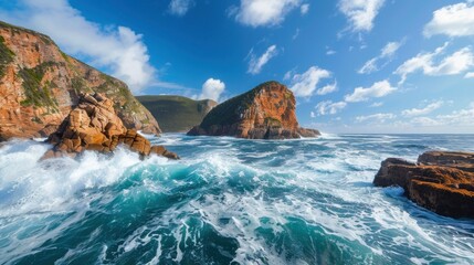 The famous Knysna Heads with waves crashing against the rocks. stock photo --ar 16:9 --style raw --v 6 Job ID: 4f33a7d6-af03-4d3a-8d8d-bd849a79d5a4