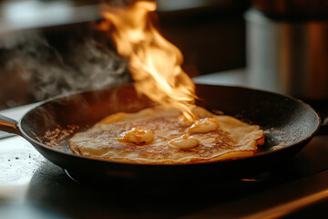 Chef flambeing crepe suzette with orange sauce in frying pan