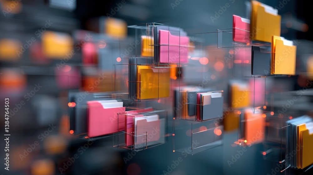 Poster abstract network grid with files and folders, futuristic software interface, digital document manage
