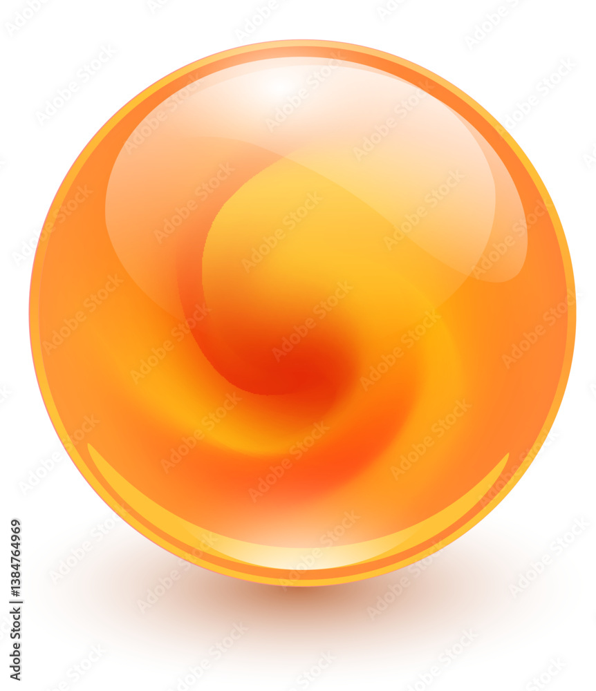 Poster glass ball with abstract orange spiral shape inside, shiny sphere with interesting marble pattern.