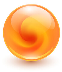 Glass ball with abstract orange spiral shape inside, shiny sphere with interesting marble pattern.