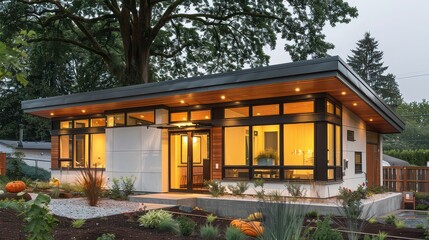 Fototapeta premium A compact urban house with modern finishes, large windows, and a minimalistic exterior 