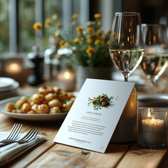 A mockup of a flyer design for a restaurant, displayed on a wooden table with cutlery and a plate in the background