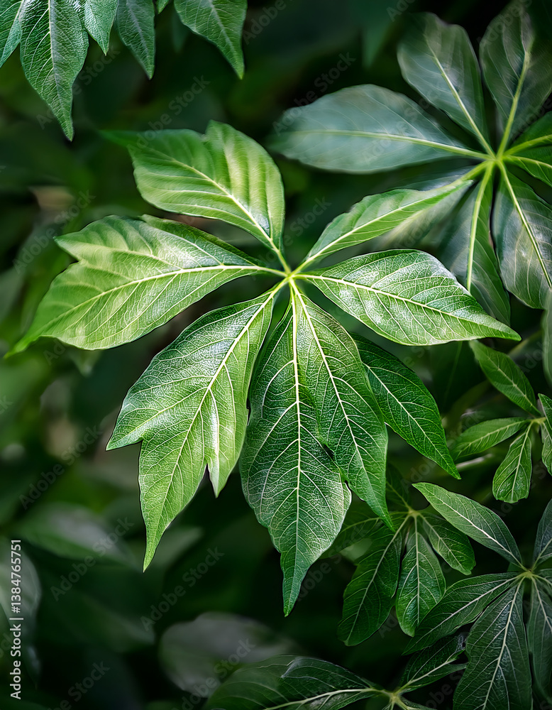 Poster lush green leaves with intricate vein patterns create a vibrant natural texture, showcasing the beau