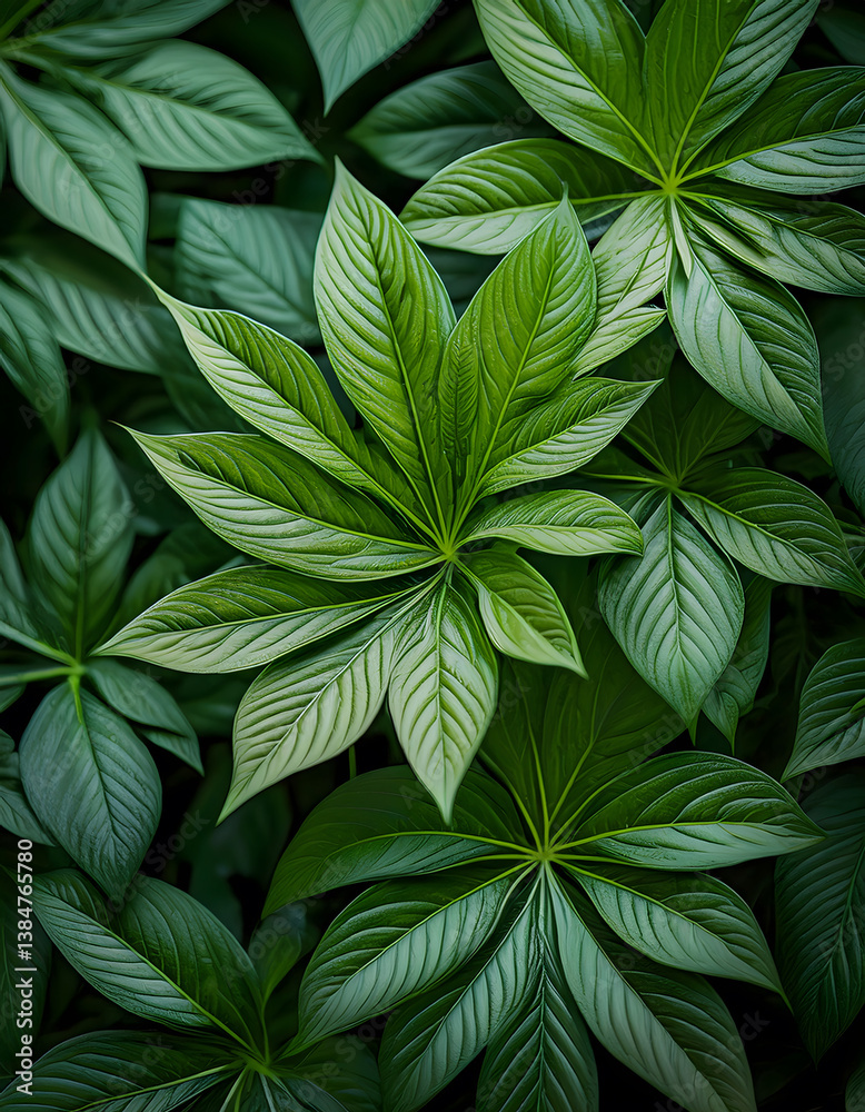 Poster lush green leaves with intricate patterns creating a rich, textured backdrop, emphasizing nature's b