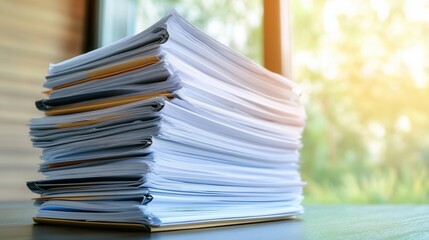 High stack of papers on a desk