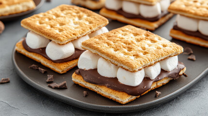 Gooey marshmallow smores with melted chocolate between graham crackers create delightful treat