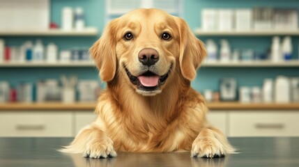 Happy golden retriever in a vet clinic