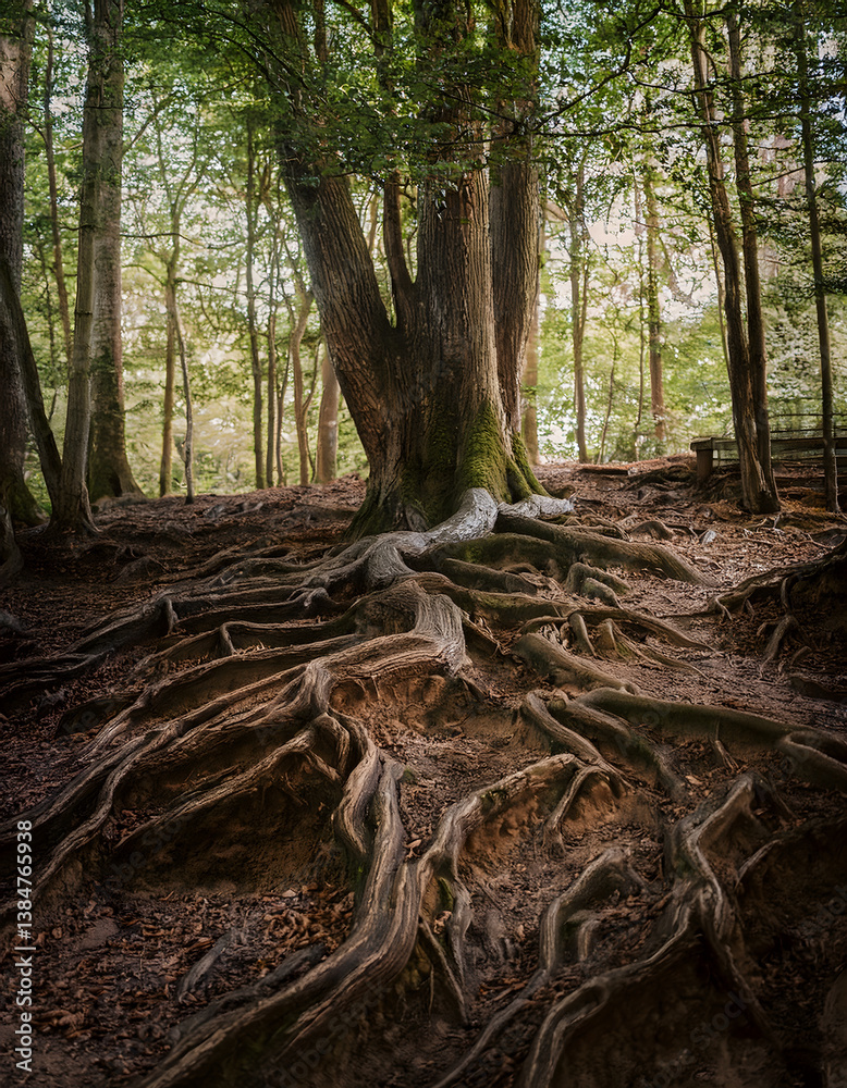 Poster Ancient tree with sprawling roots in a forest, showcasing nature's intricate patterns and textures
