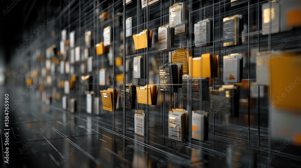Poster abstract network grid with files and folders, futuristic software interface, digital document manage