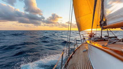 Fototapeta premium Sailing boat gliding through waves at sunset, creating serene atmosphere