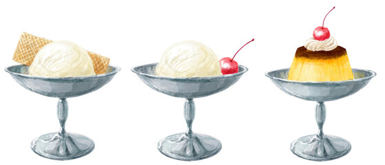 デザートカップに入ったアイスクリームとプリンの水彩イラストセット