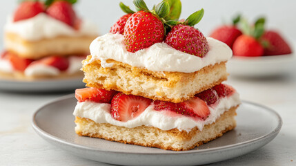 Delicious strawberry shortcake layered with cream and fresh strawberries, perfect for dessert