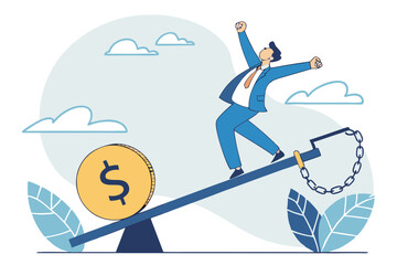 Happy Businessman Balancing on Seesaw with Giant Dollar Coin – Financial Success, Risk and Reward Concept