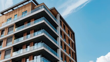 Fototapeta premium A modern residential building with innovative exterior design, showcasing a balance between urban and natural elements 