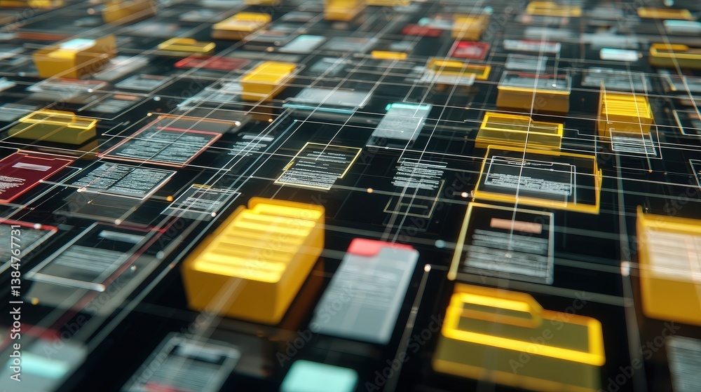 Poster abstract network grid with files and folders, futuristic software interface, digital document manage