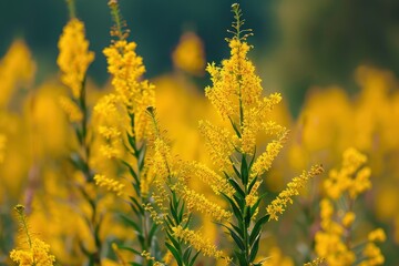 Obraz premium Bright yellow wildflowers bloom in a field during late summer sunshine