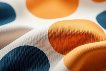 Close-up view of colorful textile with bold polka dots in orange, blue, and white textures for fashion and interior design projects. Retro risograph pattern style.