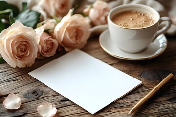 a mother’s day greeting card mockup displayed on a beautiful wooden table with a cup of coffee, fresh pink roses, and a golden pen beside it.