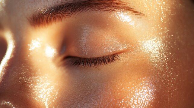 Close-up of radiant skin with smooth tension and gentle lifting effect captured in soft glowing light and high-definition detail