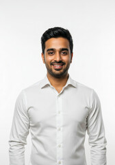 Obraz premium Mid adult office manager in a smart look, smiling warmly on a white background