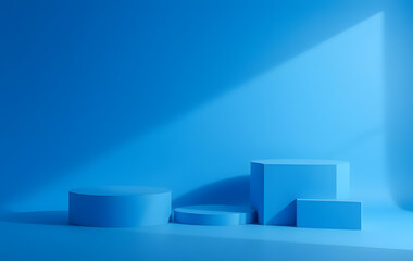 3D blue geometric shapes with a modern look on a blue background. Great for technology, abstract design, futuristic concepts, and web graphics.