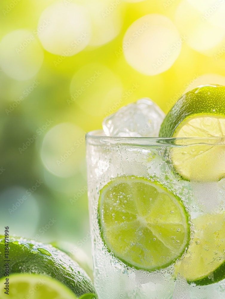 Poster refreshing cold lemonade in a glass featuring fresh lime slices and ice cubes against a bright summe
