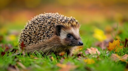 Fototapeta premium A lone hedgehog isolated in a natural environment. stock photo --ar 16:9 --style raw --v 6 Job ID: 38b7a3c3-57e9-4e35-8ccb-28cd131d3613