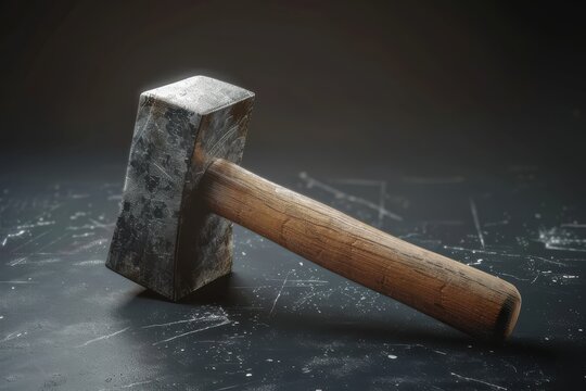 Heavy blacksmith hammer resting on a dark workbench in a workshop