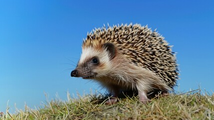 Fototapeta premium A single hedgehog isolated against a clear sky. stock photo --ar 16:9 --style raw --v 6 Job ID: e6d6bfc8-cad4-44aa-be3f-9f8c1021b923