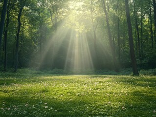 Obraz premium Sunlight streams through trees illuminating a serene meadow in the forest during early morning hours