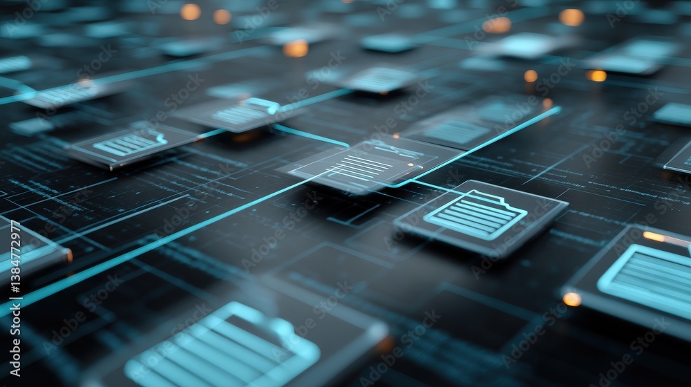 Poster abstract network grid with files and folders, futuristic software interface, digital document manage