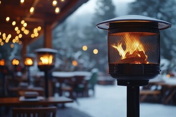 Cozy outdoor patio with heaters and string lights in snowy winter weather. Perfect for holiday promotions, warmth concepts, or winter events.